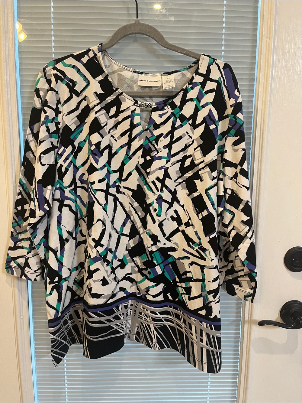 Alfred Dunner Black White Teal & Purple Abstract Scoop Neck Tunic